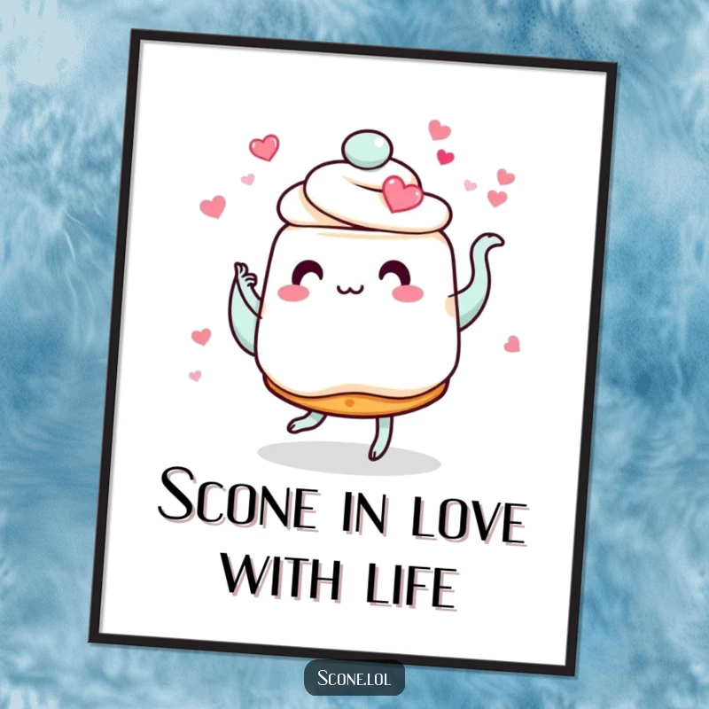 Funny Free Printable Wall Art of a scone with heart eyes passionately dancing with a beautifully swirling teapot, full of charm.