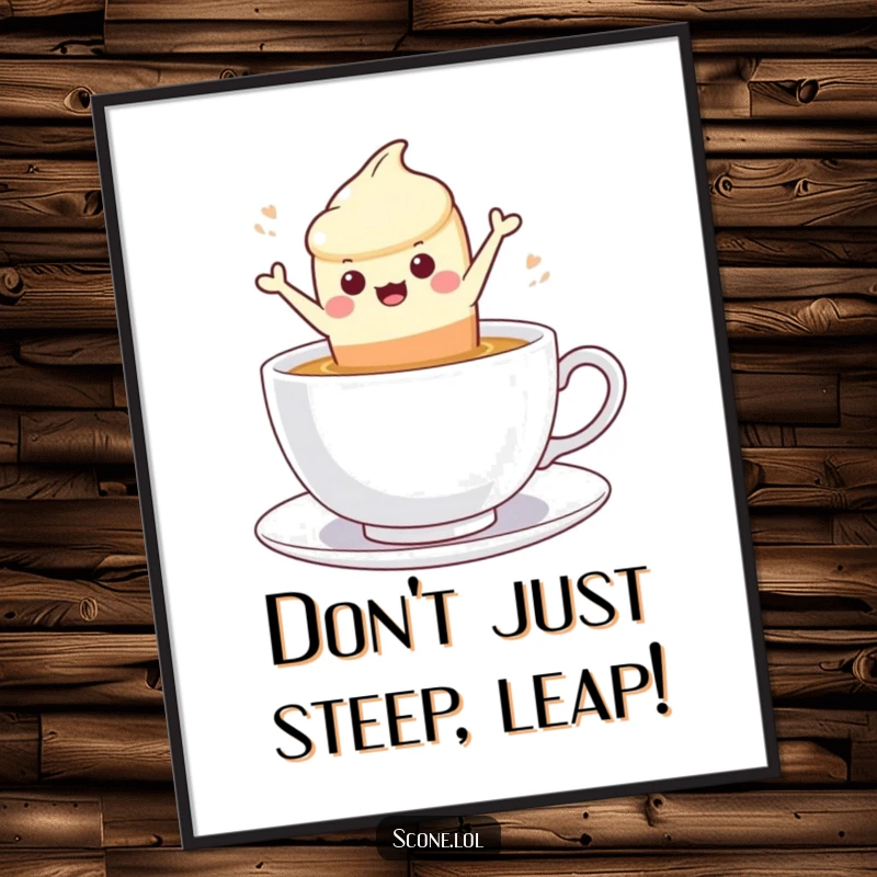 Funny Free Printable Wall Art of a scone character mid-leap into a steaming cup of tea.