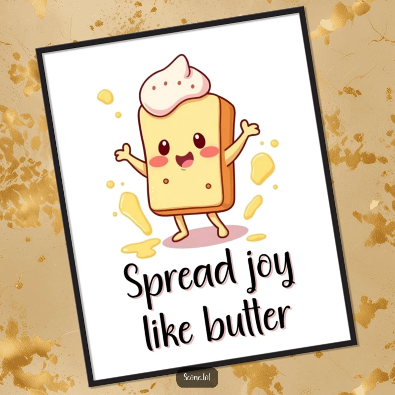 Funny Free Printable Wall Art: A scone character doing a lively happy dance, with dynamic butter splatters creating a festive scene.
