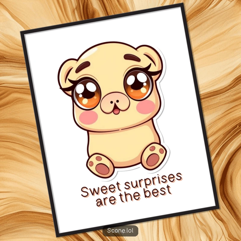 Funny Free Printable Wall Art of a scone character with wide, sugary eyes, looking utterly surprised and delightful.