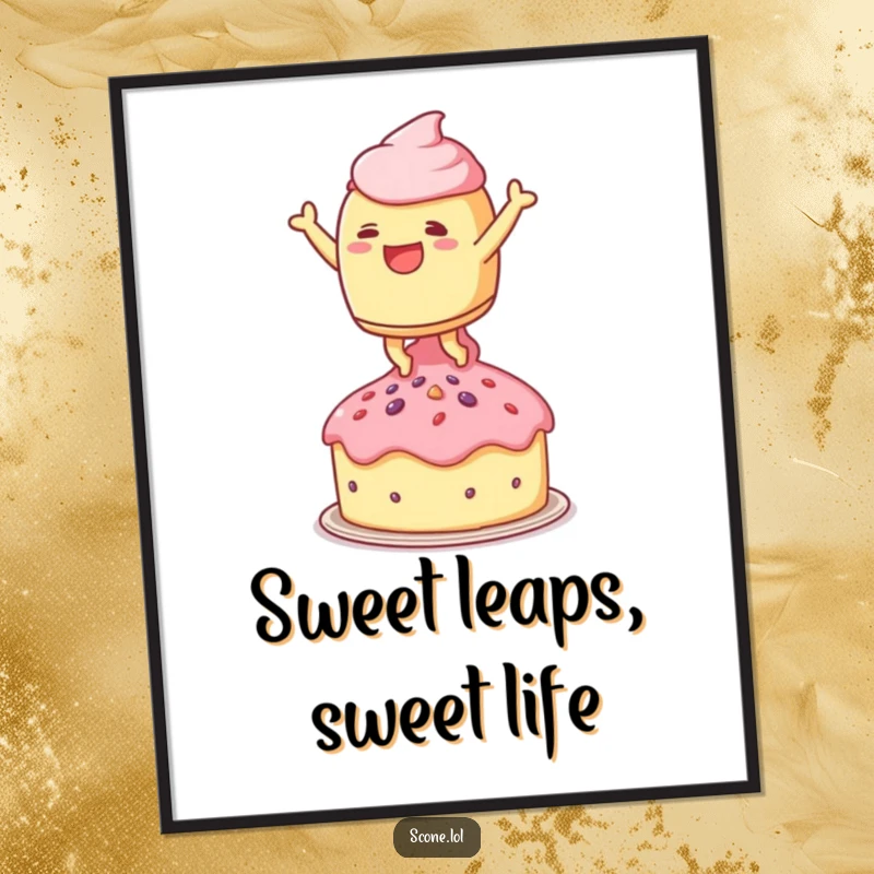 Funny Free Printable Wall Art: A scone character is captured mid-leap, joyfully landing on a tiny teacake.