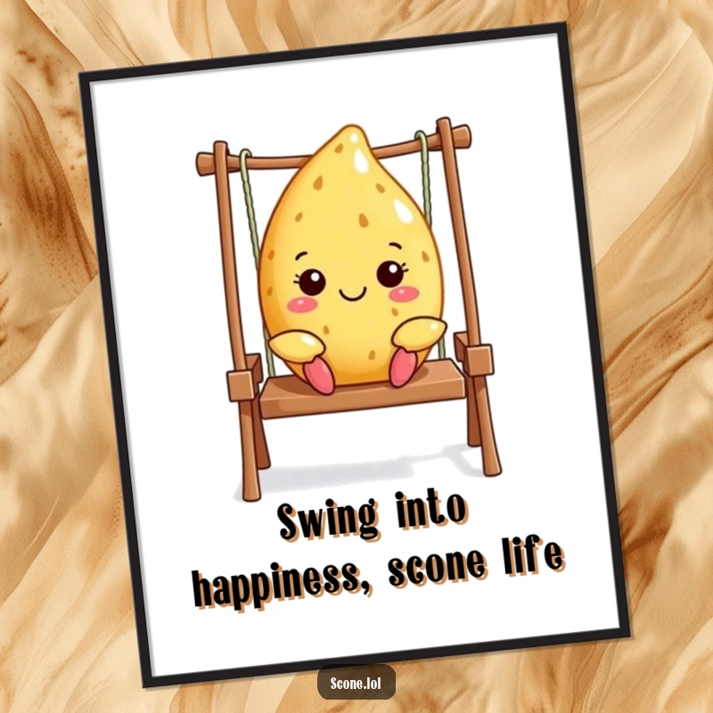 Funny free printable wall art of a scone with a happy face swinging on a tiny swing set.