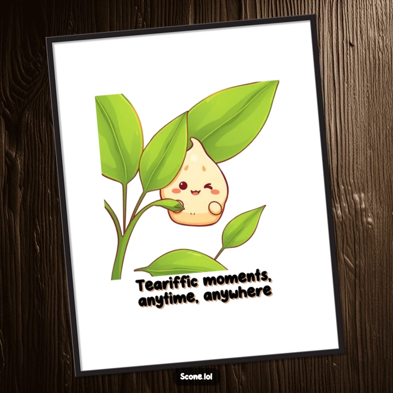 Funny Free Printable Wall Art: Scone character with a wide grin, peeking playfully from behind a giant green tea leaf.