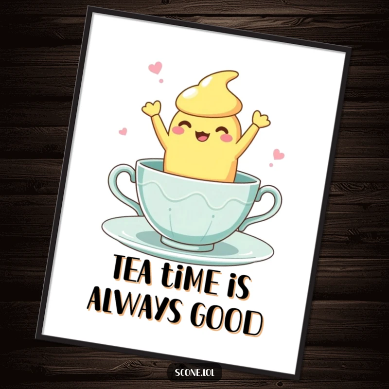 Funny Free Printable Wall Art: A scone character performs a whimsical, clumsy dance inside a decorative teacup.