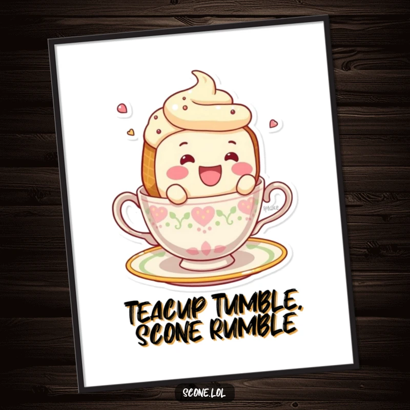 Funny Free Printable Wall Art: A whimsical scone character smiling while hilariously falling off the side of a tea cup.