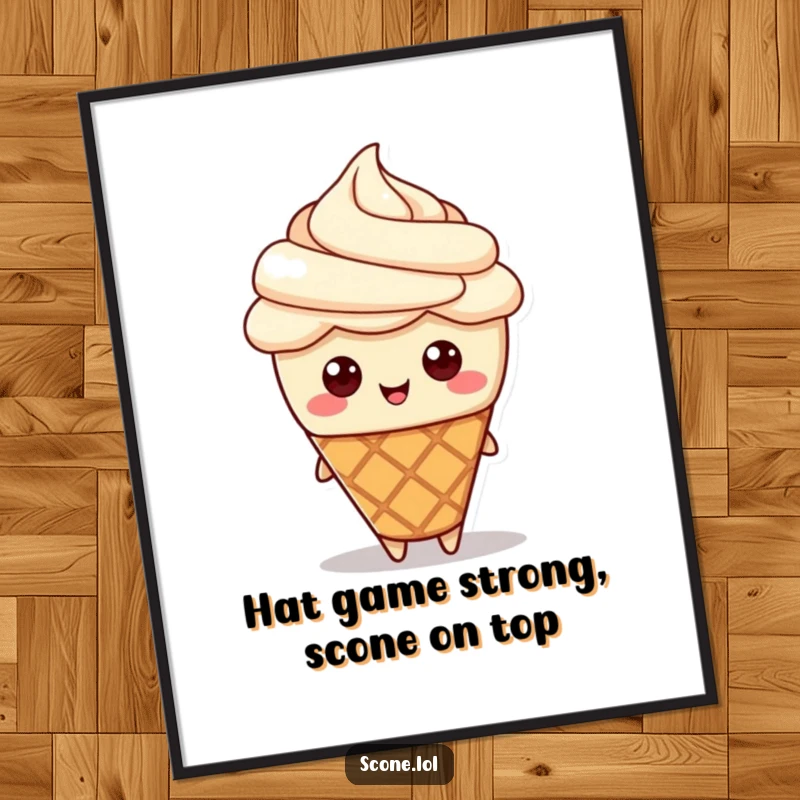 Funny Free Printable Wall Art: A scone character looking stylish with a dollop of cream as a chic hat.