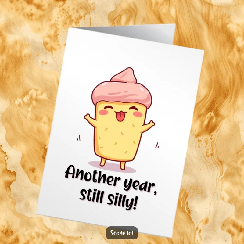 Funny Free Printable Birthday Card featuring a scone making a silly face, tongue sticking out while spinning with glee.