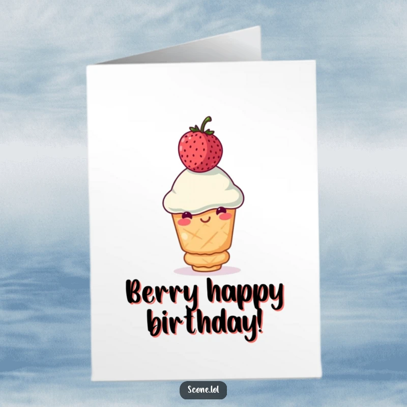Funny Free Printable Birthday Card: A smiling scone bravely balances a teetering berry on its head.