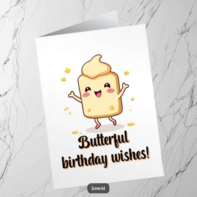 Funny Free Printable Scone Birthday Card: Happy dancing scone character with butter splatters, celebrating a birthday with glee.