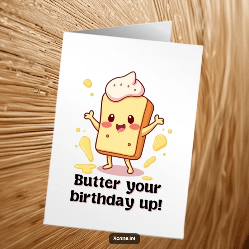 Funny Free Printable Birthday Card: A scone character joyfully dancing with butter splatters flying in a celebratory mood.