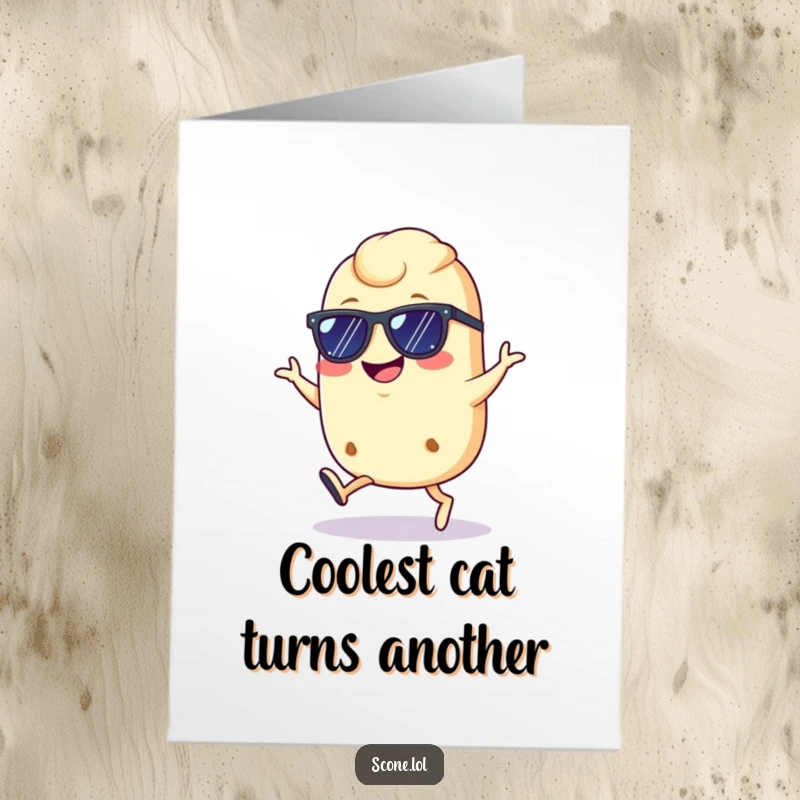 Funny Free Printable Birthday Card featuring a scone in sunglasses hopping confidently with a cool grin, celebrating in style.