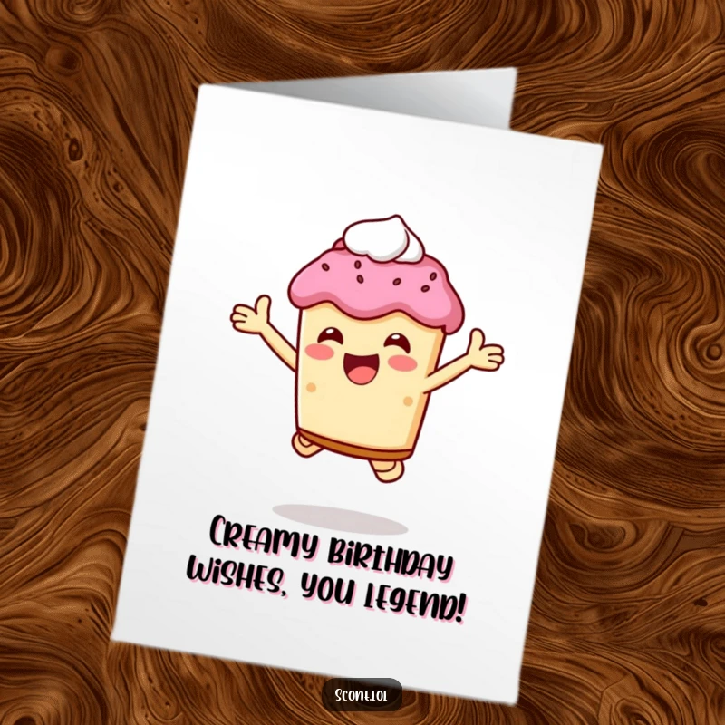 Funny Free Printable Birthday Card showing a scone character leaping joyfully while clutching a big dollop of cream.