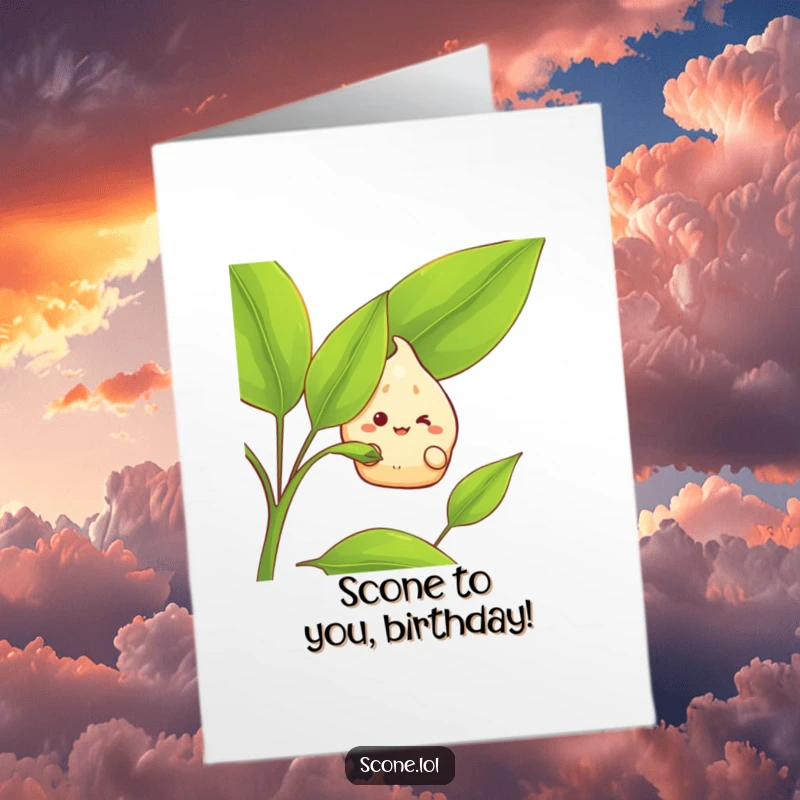 Funny Free Printable Birthday Card: Scone character playfully peeking from behind a tea leaf with a cheeky, wide grin.