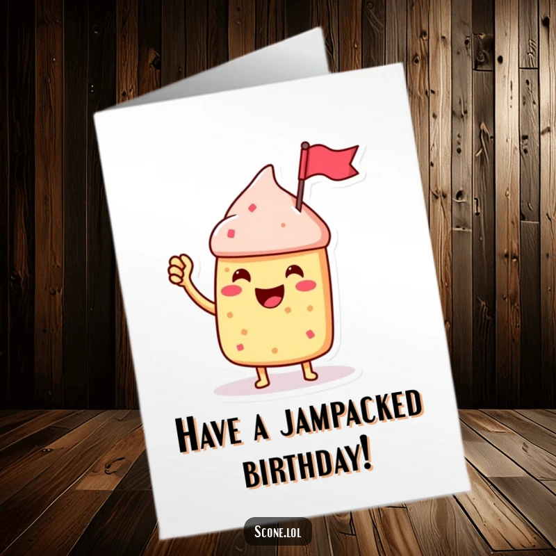 Funny free printable birthday card featuring a jubilant scone character enthusiastically waving a tiny jam jar flag.