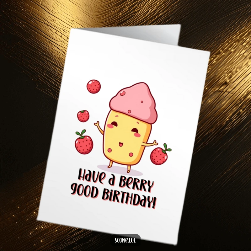 Funny free printable birthday card featuring a scone character playfully juggling three small, round berries with a smile.