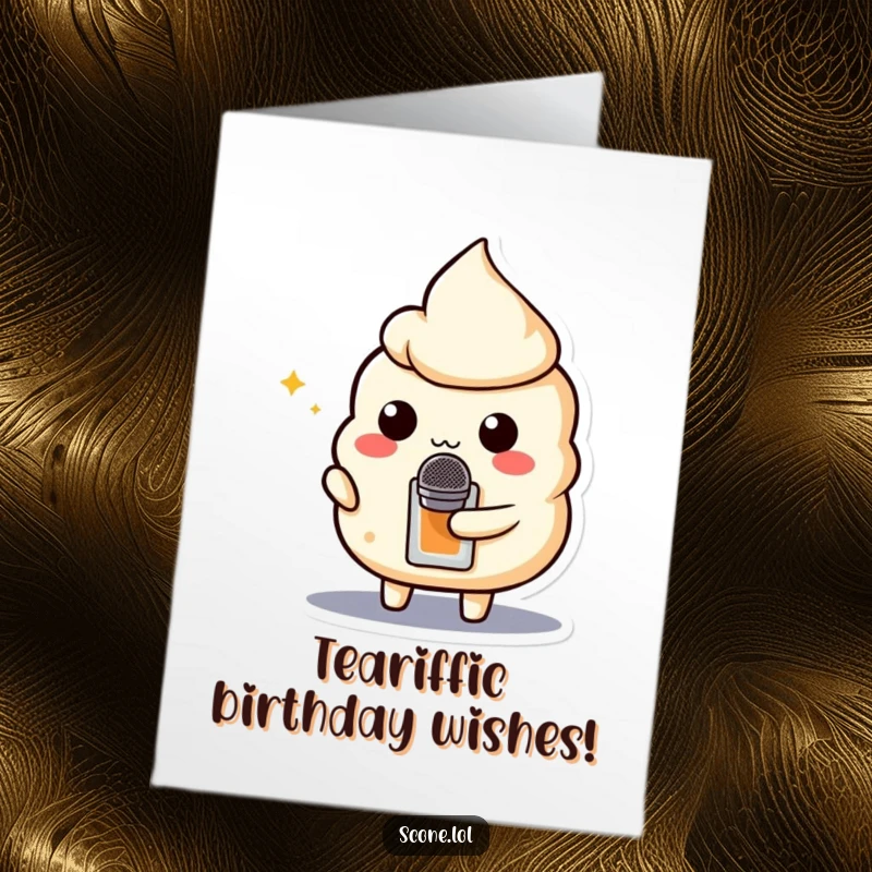 Funny Free Printable Birthday Card: A scone character holding a small teabag like a microphone, ready to perform.