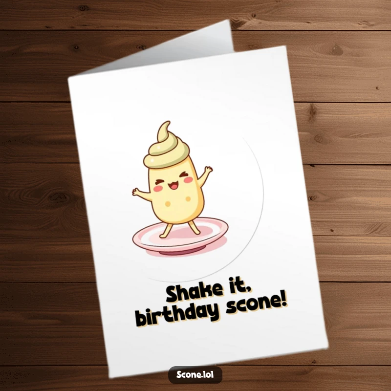 Funny Free Printable Birthday Card showing a scone character energetically doing a silly jig while balancing on a small saucer.