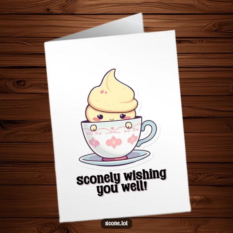 Funny Free Printable Birthday Card: A cute scone character peeking mischievously from behind a teacup graphic.