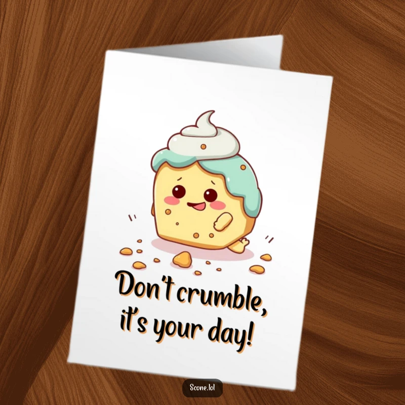 Funny Free Printable Birthday Card: A scone character comically tripping over a tiny crumb, mid-fall.
