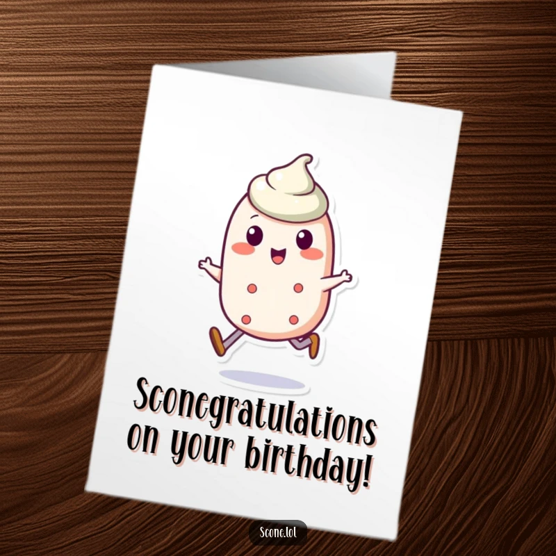 Funny Free Printable Birthday Card featuring a cheerful scone character doing a jaunty little skip with joy.