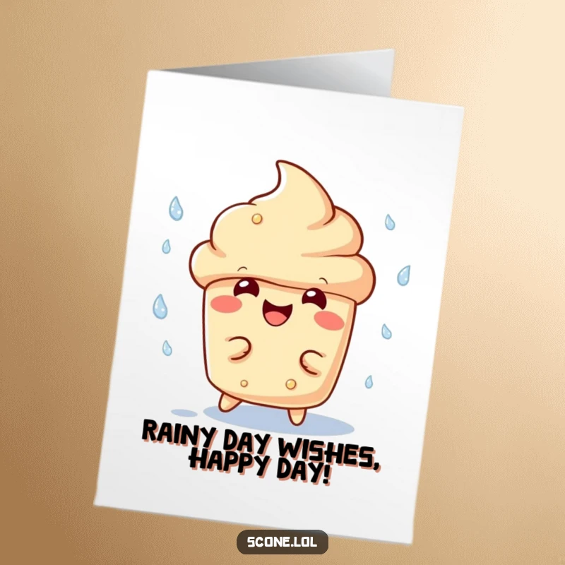 Funny free printable birthday card featuring a cheerful scone character playfully dodging raindrops with a wide, infectious grin.