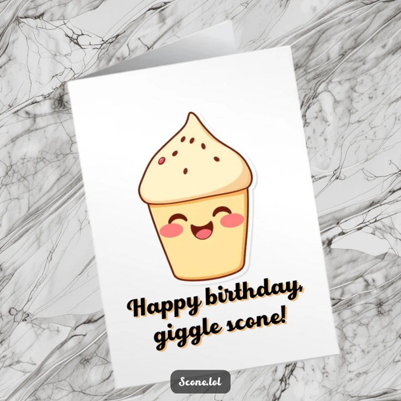 Funny free printable birthday card featuring a cute scone with rosy cheeks in the middle of a giggle.
