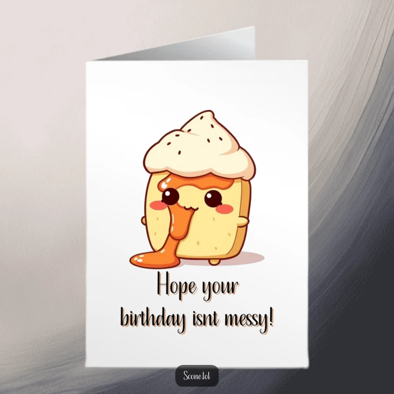 Funny Free Printable Birthday Card: A scone character looks utterly bewildered, sporting a comical smudge of jam right on its face.