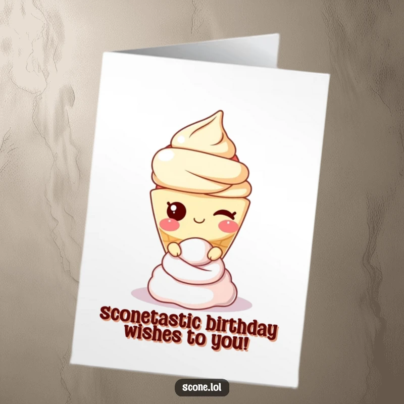 Funny free printable birthday card featuring a winking scone character balancing a dollop of cream on its head.