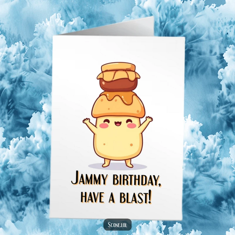 Funny Free Printable Birthday Card: A scone character precariously balances a jar of jam on its head with concentration.