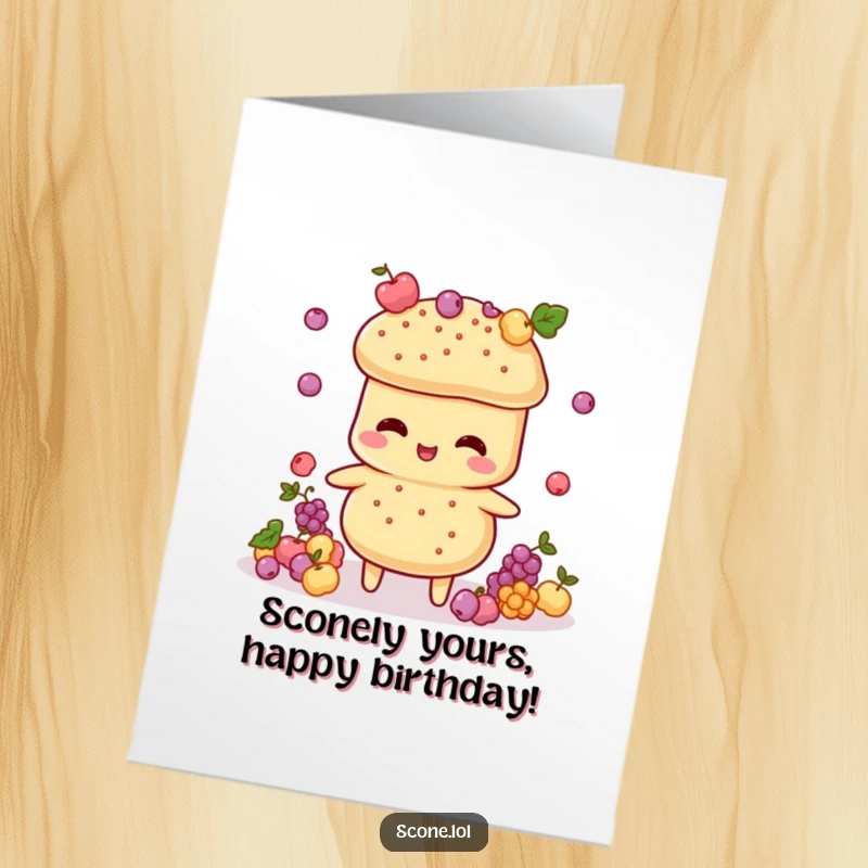 Funny Free Printable Birthday Card: A whimsical scone character expertly juggles tiny currant decorations with a smile.