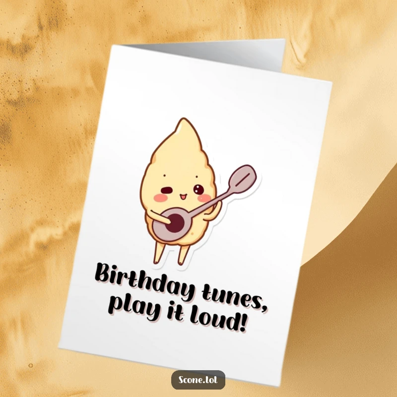 Funny Free Printable Birthday Card: A scone character enthusiastically plays a tiny spoon as if it were a musical instrument.