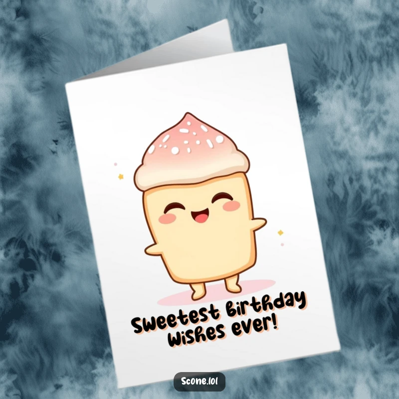 Funny Free Printable Birthday Card: A scone character beams with pure delight as powdered sugar flies, celebrating a special day.