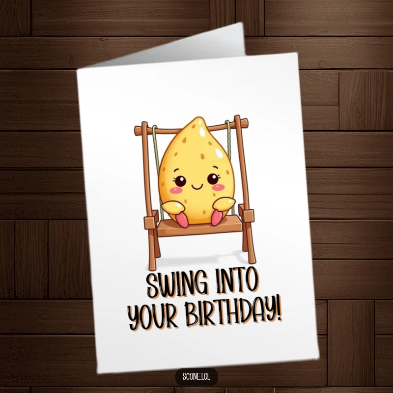 Funny free printable birthday card featuring a happy scone swinging joyfully on a tiny swing set.