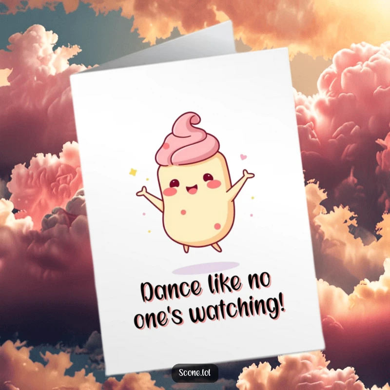 Funny Free Printable Birthday Card featuring a scone character doing a joyful, wobbly dance with pure delight.