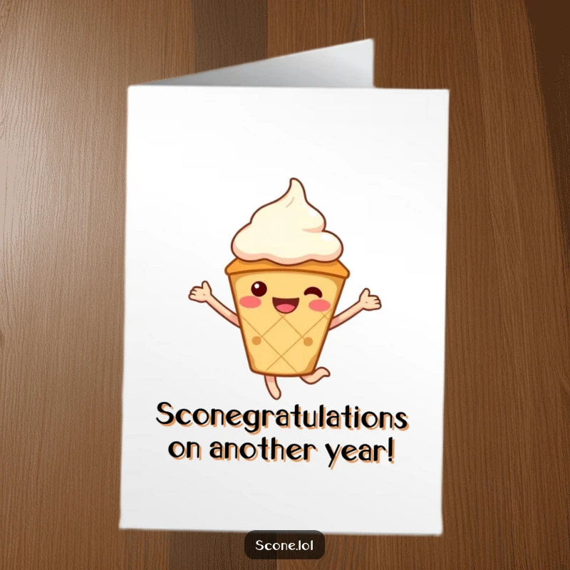 Funny free printable birthday card featuring a happy scone in a cream hat, mid-jump, spreading cheer.