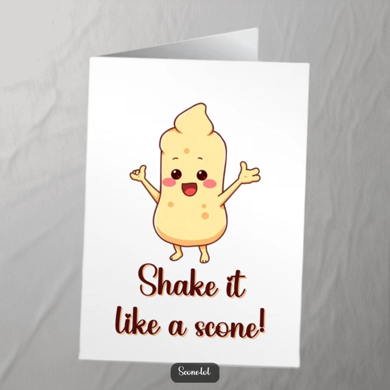 Funny Free Printable Birthday Card: A scone character with tiny arms doing a silly dance, perfect for a laugh.
