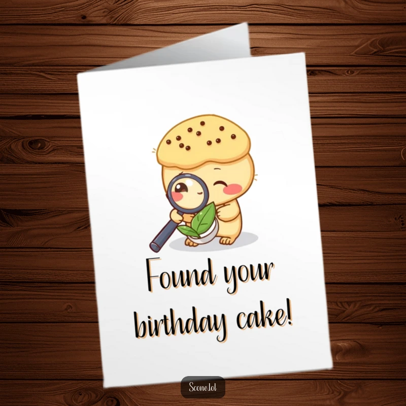 Funny Free Printable Birthday Card: A scone uses a magnifying glass to inspect a tea leaf. Humorous and curious downloadable greeting.