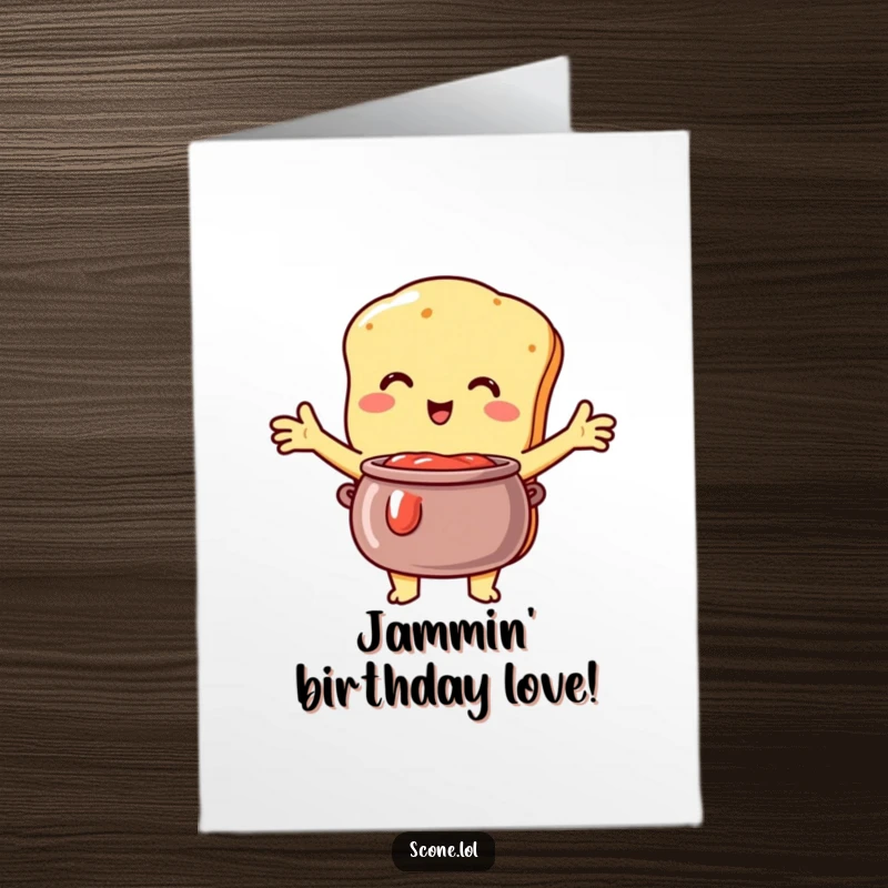 Funny Free Printable Scone Birthday Card: Scone character embracing a pot of jam with open arms in celebration.