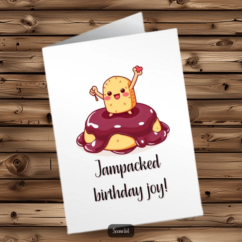 Funny Free Printable Scone Birthday Card: Scone character triumphantly posing atop a dollop of jam, ready for celebration.