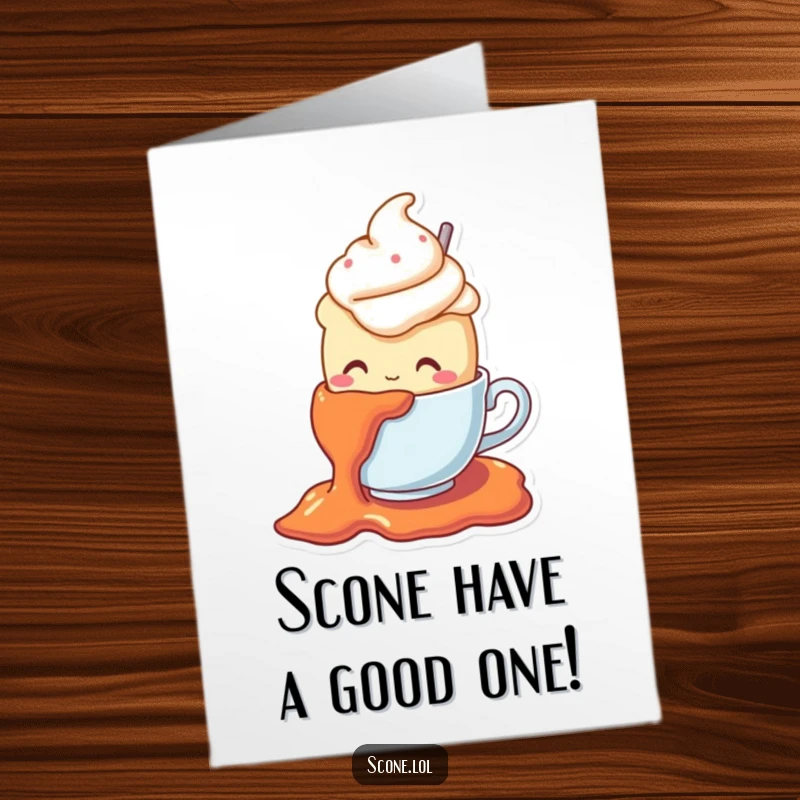 Funny Free Printable Birthday Card: A scone character in a teacup hat slips comically on jam.