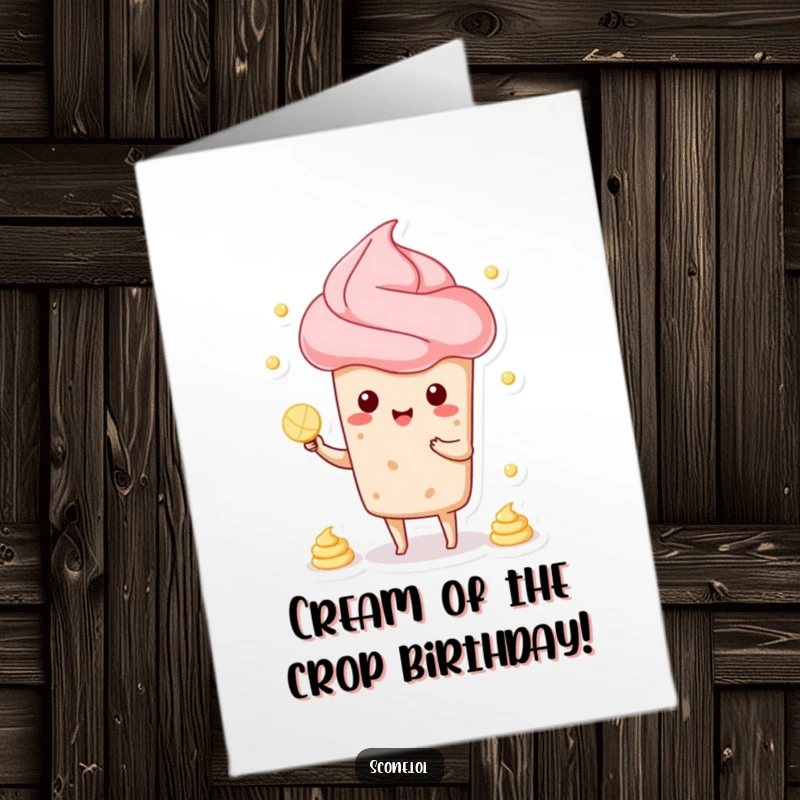 Funny Free Printable Birthday Card: A scone character hilariously juggles tiny cream dollops, perfect for a laugh.