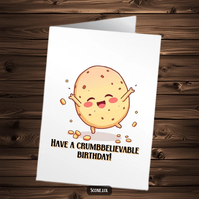Funny free printable birthday card featuring a giggling scone doing a cartwheel, with crumbs flying joyfully.