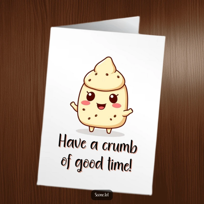 Funny Free Printable Birthday Card: a smiling scone character cheerfully offers a delicious-looking crumb to share.