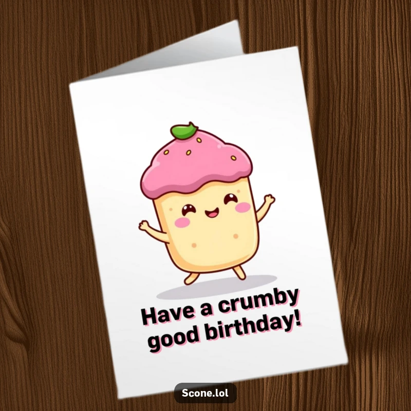 Funny Free Printable Birthday Card: A smiling scone character happily bounces with pure delight, spreading birthday cheer.