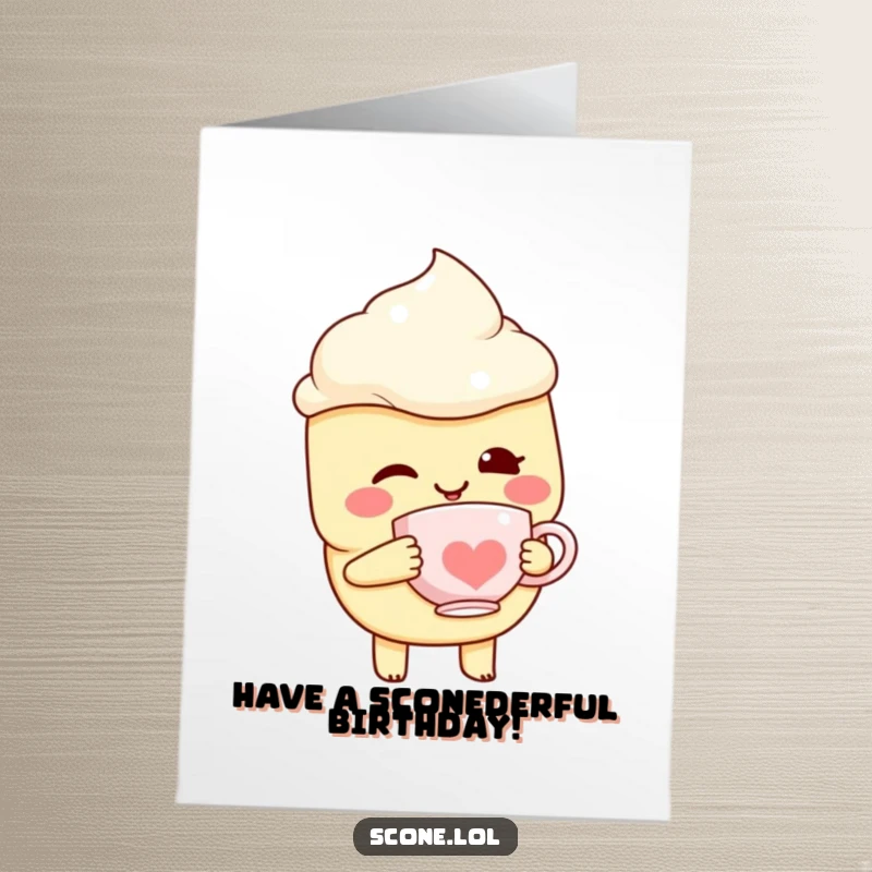 Funny free printable birthday card with a delighted scone character winking and holding a tiny teacup.