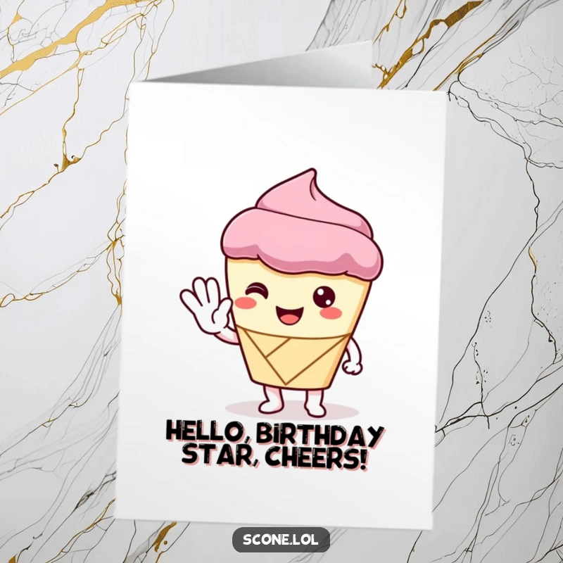 Funny Free Printable Birthday Card showing a scone character politely waving with a pastry hand, a sweet and friendly greeting.