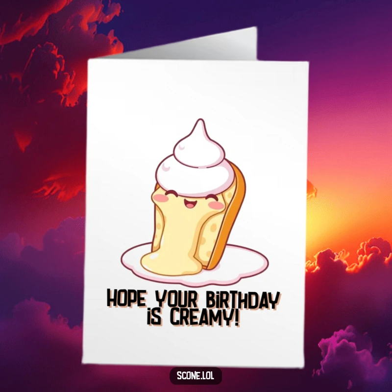 Funny free printable birthday card showing a scone gleefully sliding down a big dollop of whipped cream.