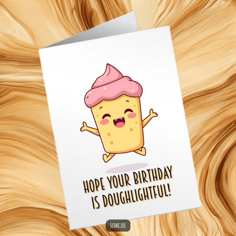 Funny Free Printable Birthday Card: A happy scone jumping with pure delight, ready to celebrate your special day.