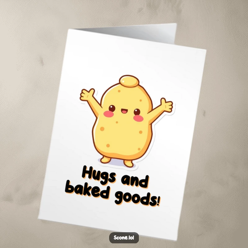 Funny Free Printable Birthday Card featuring a cheerful scone with arms wide open, offering a warm hug.