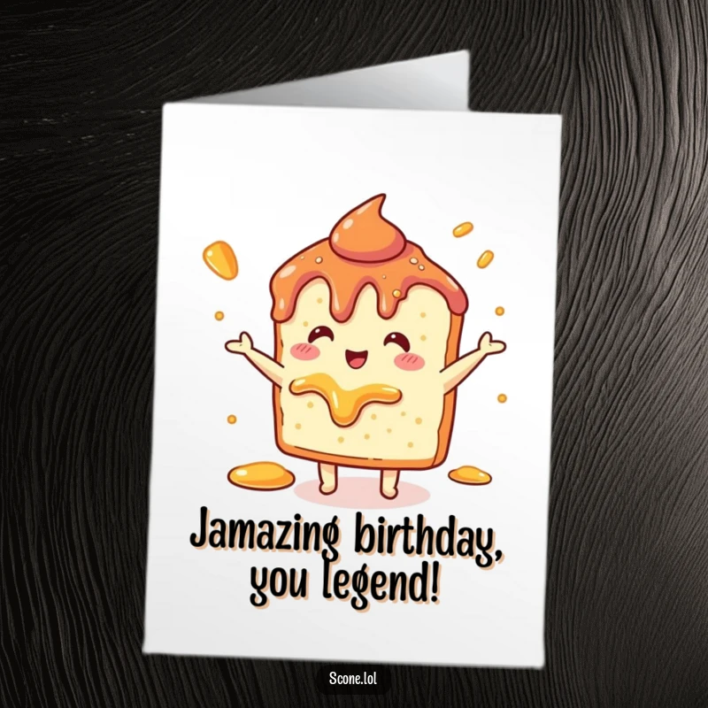 Funny free printable birthday card showing a scone doing a happy dance with jam splattered around its feet.